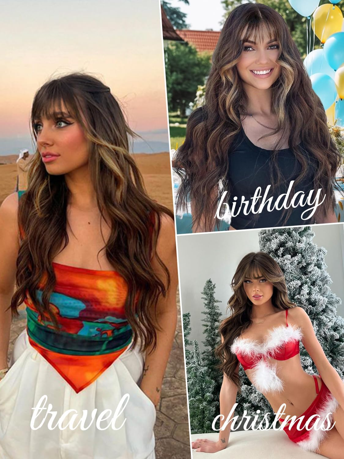 AISI QUEENS Brown Wig with Bangs for Women Long Wavy Hair Wig Brown Highlight Wig Curly Wavy Synthetic Wigs for Girls Daily Party Use image number 6