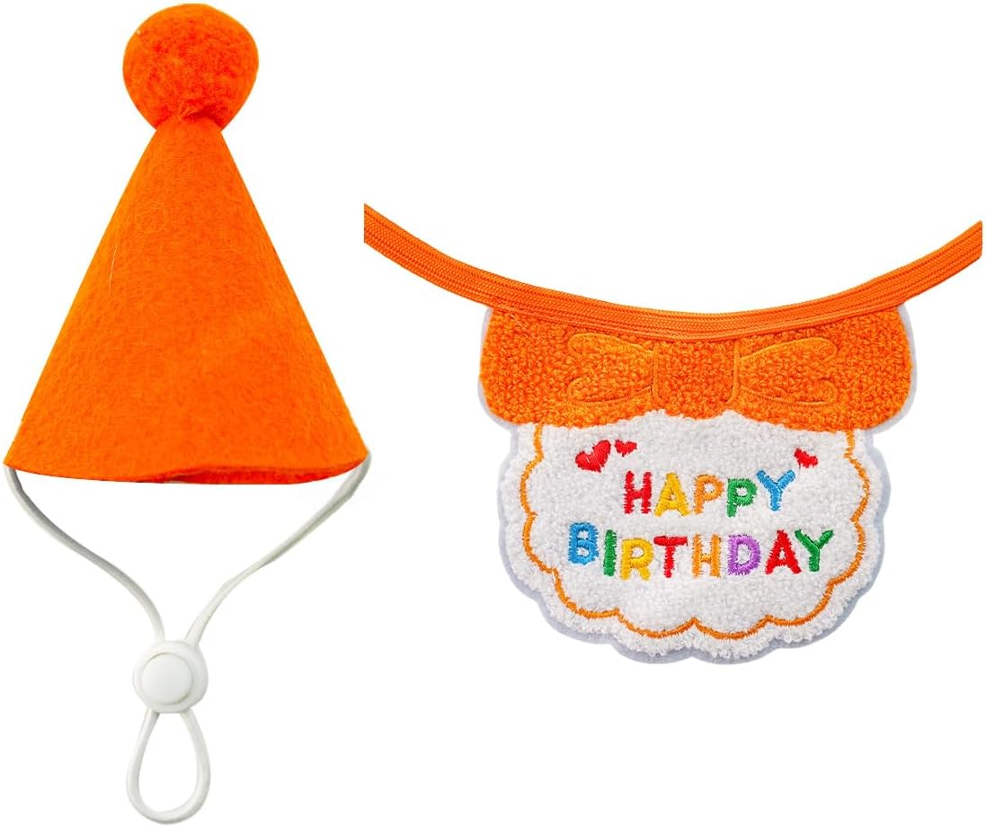 AIMALL Pet Birthday Party Set, Adjustable Dog Cat Hat and Matching Saliva Towel, Colorful Decorations, Elastic Fit, Hat: 3.54In High, Bib: 24.01In Perimeter