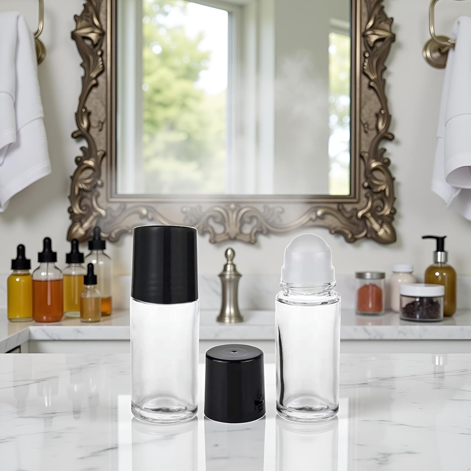 2Pcs Black Clear Empty Glass Essential Oil Roller Bottles Vials Containers Refillable Roll-On Bottles with Funnel Refillable Cosmetic Containers Roller (30ML) image number 1