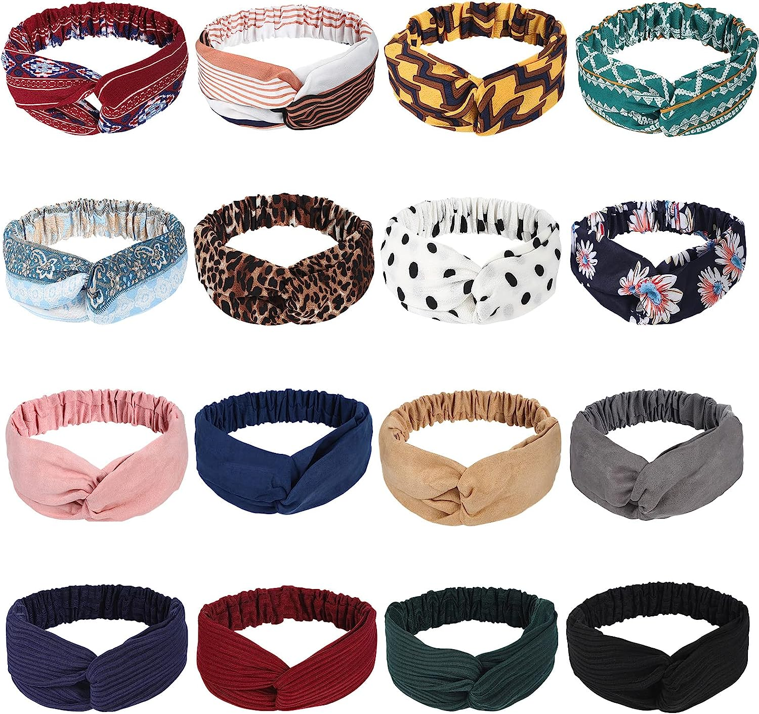 Meartchy 16 Pcs Hairbands for Women, Boho Headbands, Vintage Head Bands, Floral Twisted Criss Cross Elastic Head Wrap Hair Accessories image number 6