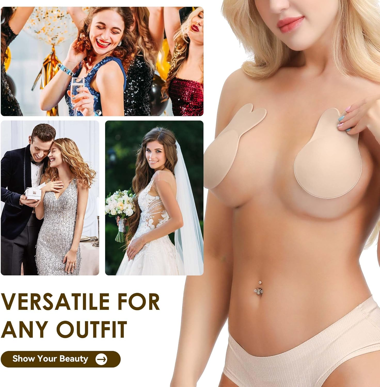 2 Pieces Sticky Bra - Push up Adhesive Backless Strapless Invisible Bra with Nipple Covers Reusable Self-Adhesive Bras image number 2