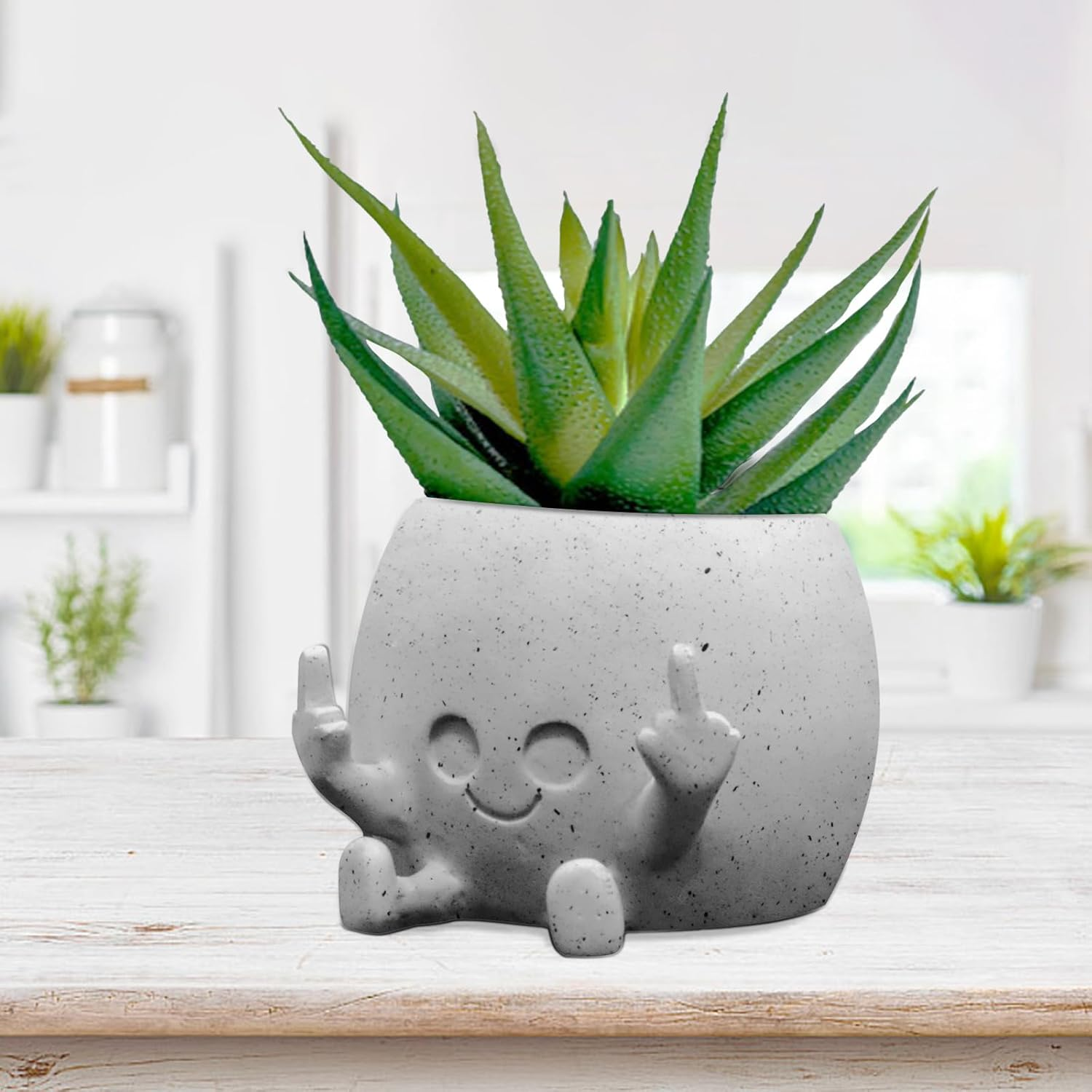 Smiling Plant Pot with Middle Fingers Up, Face Planter Pot Resin Flower Planters for Indoor Outdoor Plants Succulent Pots for String of Pearls Plant Live Gift Ideas for Mother (White)