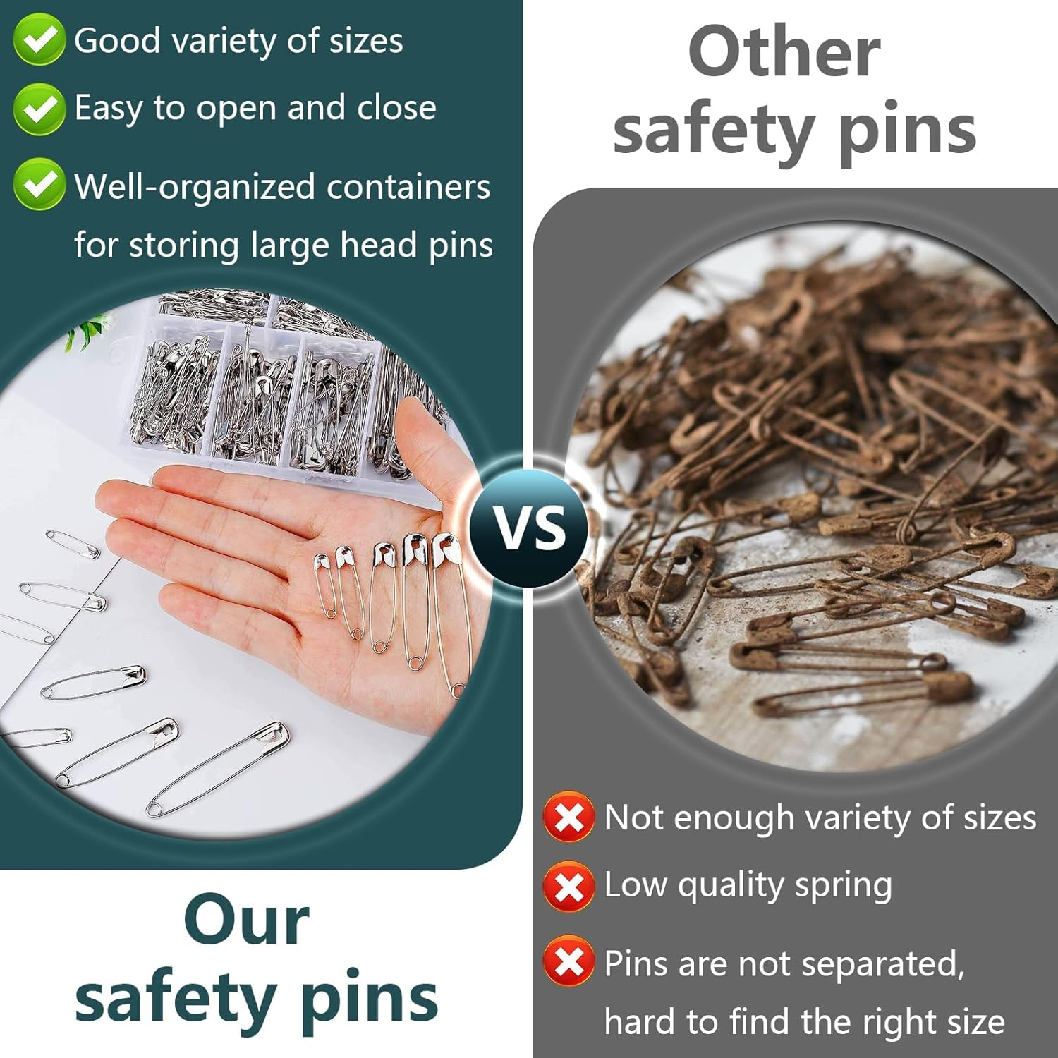 Safety Pins, Safety Pins Assorted, 300 Pack Strong and Heavy Duty Variety Pack for Clothes, Crafts, Pinning and Arts & Craft, Silver image number 4