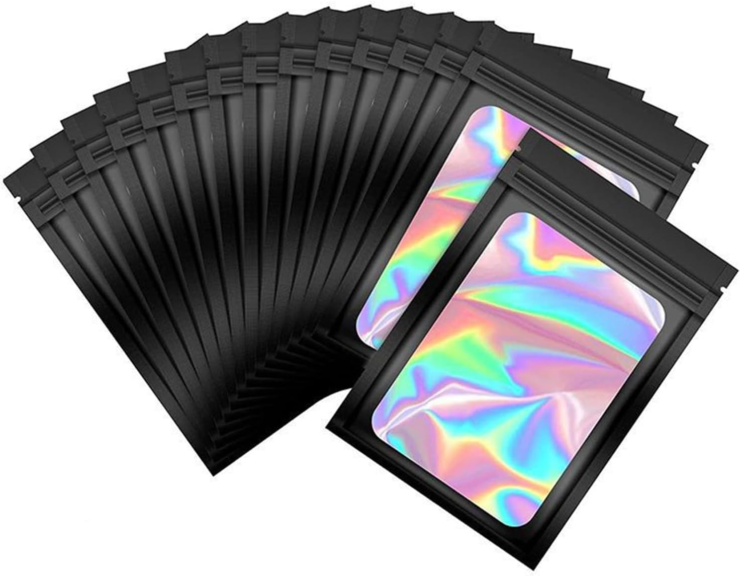 100PCS Black Holographic Mylar Resealable Packaging Bags for Small Business, Smell Proof with Front Clear Window, Foil Pouch for Food, Candy, Jewelry, Goodie (7X10Cm) image number 2