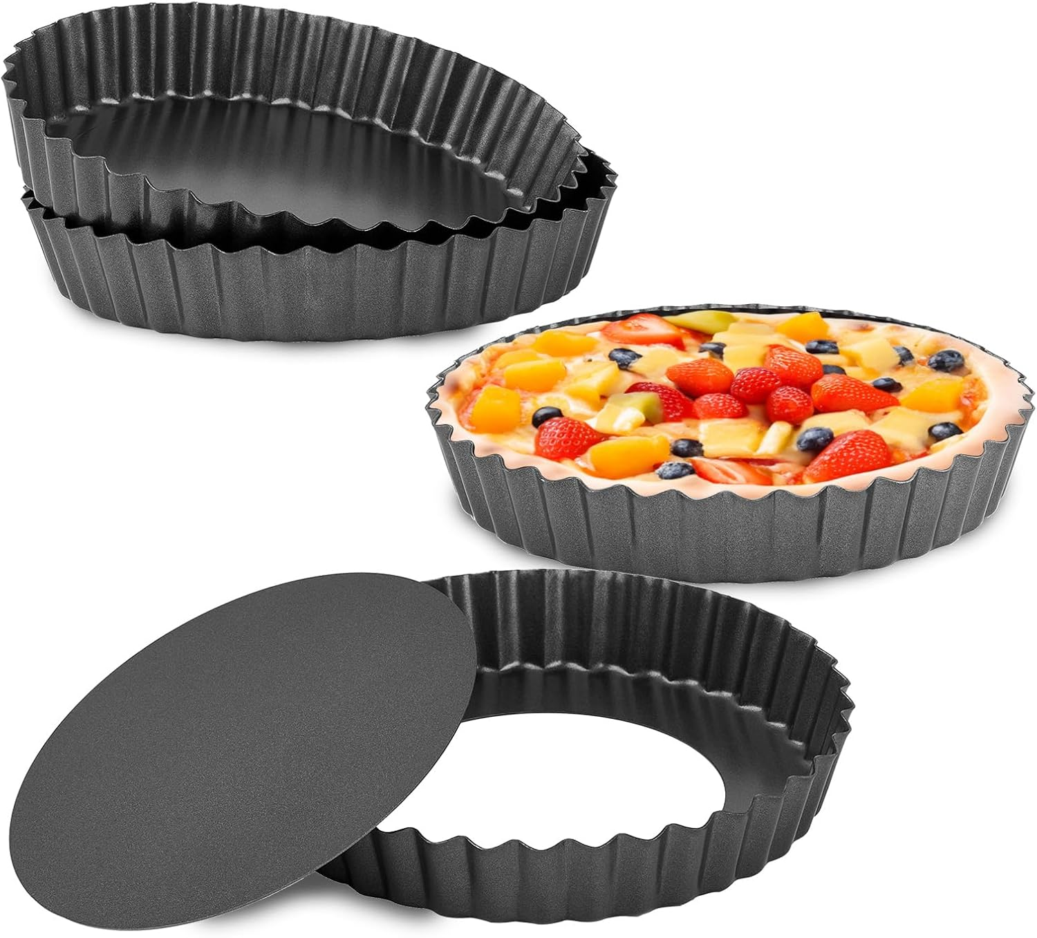 Mini Tart Pans Removable Bottom Pie Pans Mini Quiche Pans for Baking Tartlet Tart Mold 5.5 Inch Carbon Steel Reusable Baking Tools Black round Set of 4 image number 5