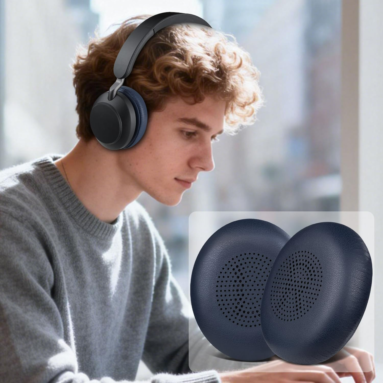 SOULWIT Earpads Replacement for Jabra Evolve2 65 (Evolve 2 65MS 65UC MS Uc)/Evolve2 40 (40UC 40MS Usb)/Elite 45H On-Ear Wireless Headset, Ear Pads Cushions with Softer Protein Leather - Navy Blue image number 2