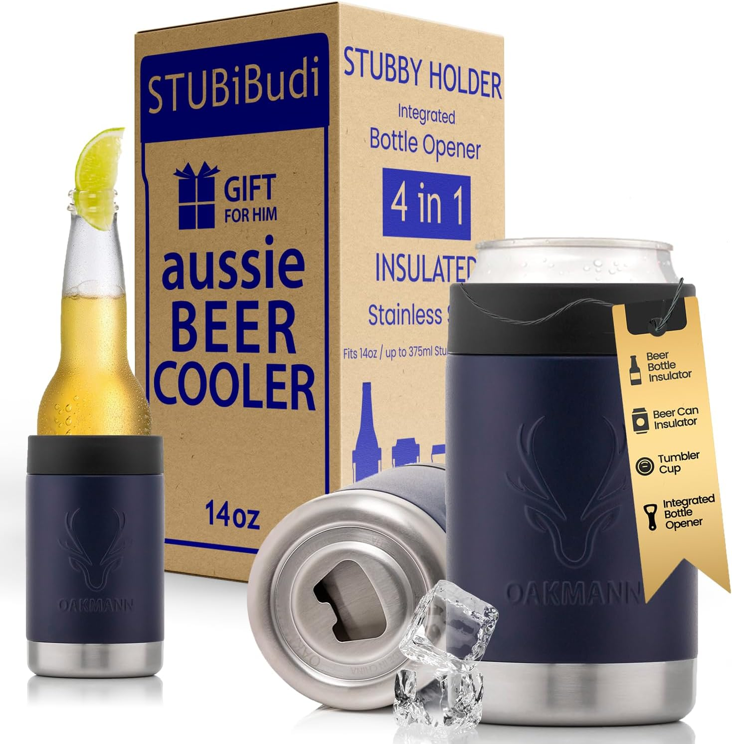 OAKMANN Stubby Holder Beer Cooler & Bottle Opener 4 in 1, Insulated Can Cooler Beer Holder & Tumbler, Stainless Steel to Fit Bottles & Cans up to 375Ml, Ultimate Beer Gifts for Men Dad Birthday (Navy)