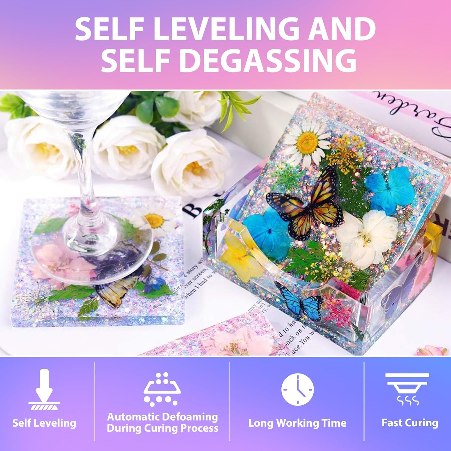 64OZ(1.9L) Epoxy Crystal Clear Epoxy, No Yellowing No Bubble Self Leveling Coating Casting Resin for Table Tops, Art Crafts, Jewelry, Molds, DIY Projects 1:1 Ratio(32Oz X 2) image number 4