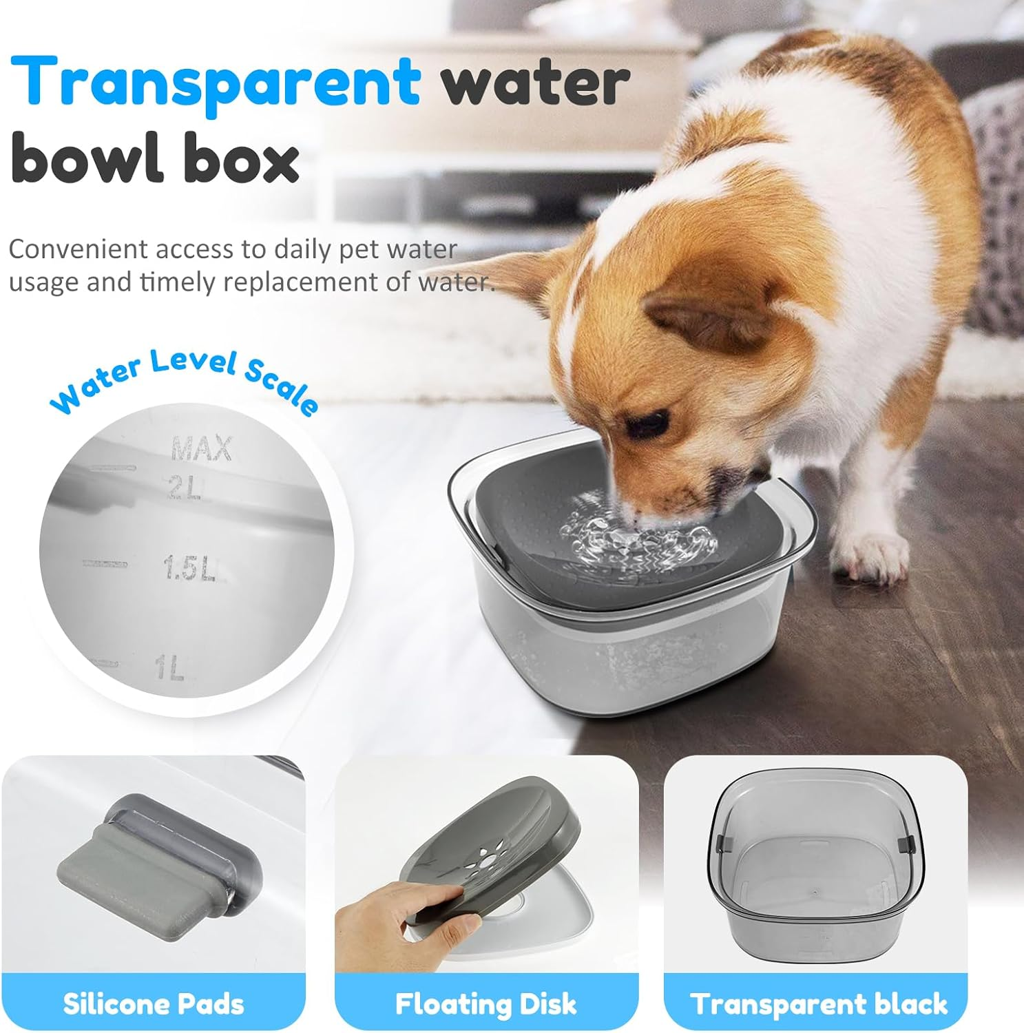 No Spill Dog Water Bowl 2L Pet Slow Water Bowl Transparent Slow Drinking Water Bowl Spill Proof Dog Bowl with Water Level Mark Portable Pet Bowl for Dogs Cats (Transparent Black) image number 3