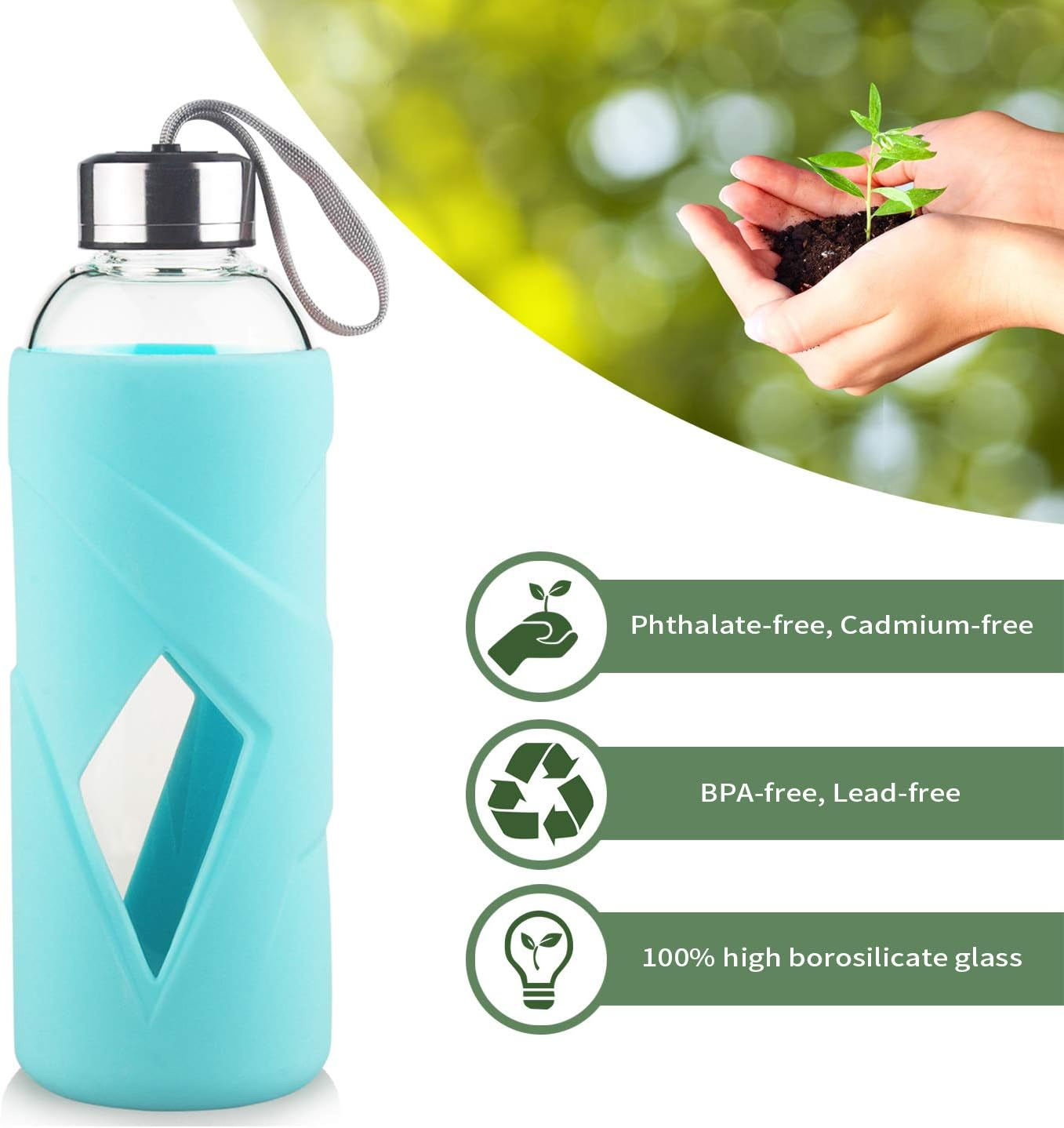 32Oz Borosilicate Glass Water Bottle BPA Free Reusable Glass Drinking Bottle with Silicone Sleeve and Stainless Steel Lid image number 1