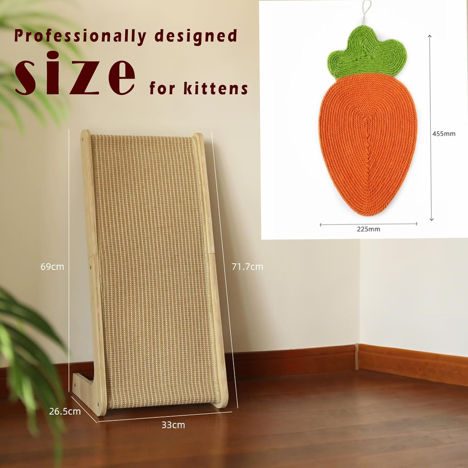 Sisal Cat Scratcher Ramp for Indoor Cats, 24.8&rdquo; L-Shaped Cat Scratching Post with Solid Wood Frame, Vertical Climbing Cat Scratch Pad Furniture