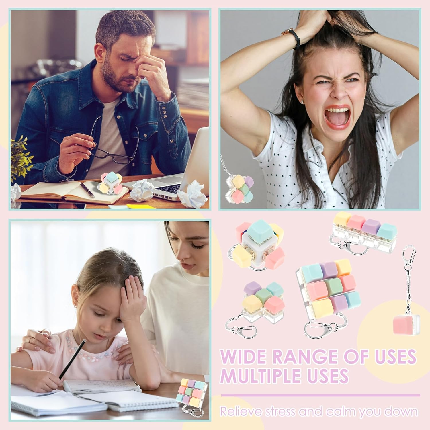 5Pcs Keyboard Toy Decompression Toys Keyboard Clicker Toy Portable Mechanical Keyboard Keychain Skin Picking Keyboard Toy Funny Cube Key Button for Adults