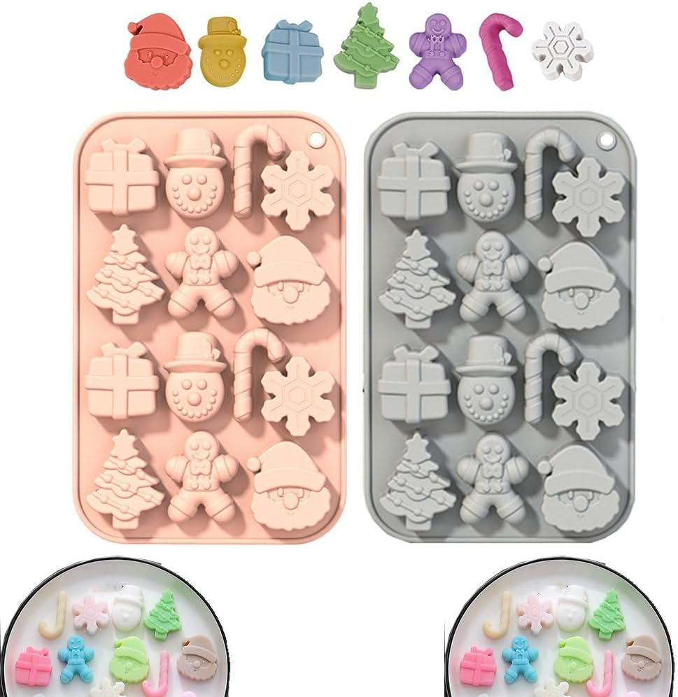Christmas Silicone Molds,2 PCS 14 Cavities Candy Baking Molds,For Mini Cakes, Handmade Soap, Chocolate, Jello, Candy and Candles,With Snowflake Gingerbread Santa Snowman Molds image number 3