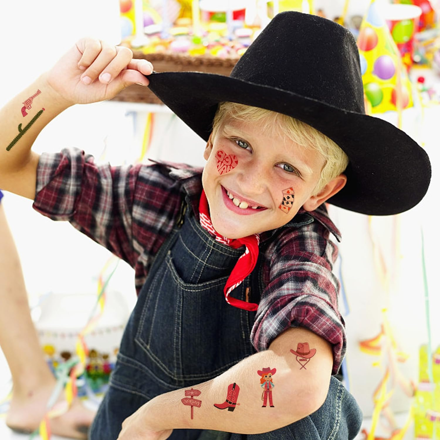 20 Tattoo Stickers, Pink Cartoon Cowboy Pattern Stickers, Cute Face Stickers for Kids Decoration, Party Temporary Tattoo Stickers image number 4