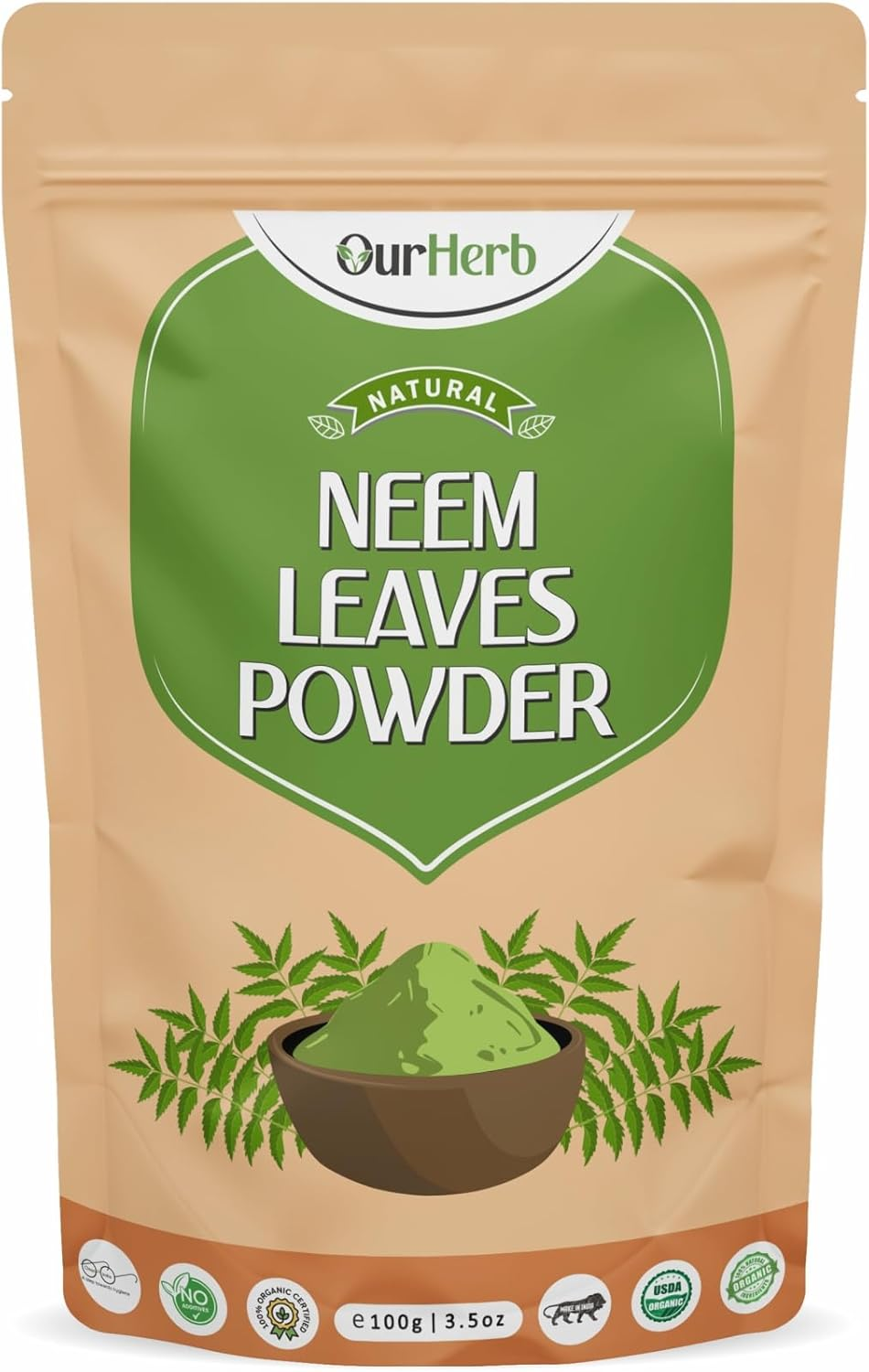 Ourherb Pure & Natural Neem Leaves Powder (Azardirachta Indica Powder) for Health, Skin Care & Hair Care with Wooden Spoon - 100G | 3.5 Oz image number 1