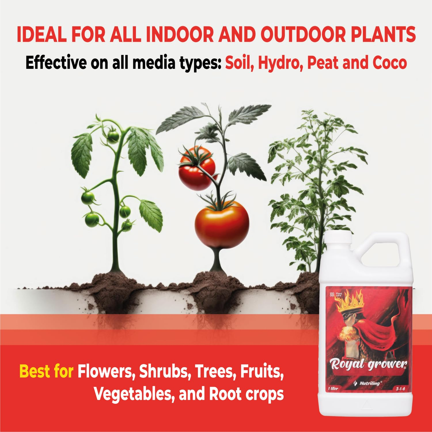 Grow Big Fertilizer and Plant Nutrients. Royal Grower 3-1-6 Liquid NPK Plant Food. for Indoor Outdoor Nutriling 1L image number 1