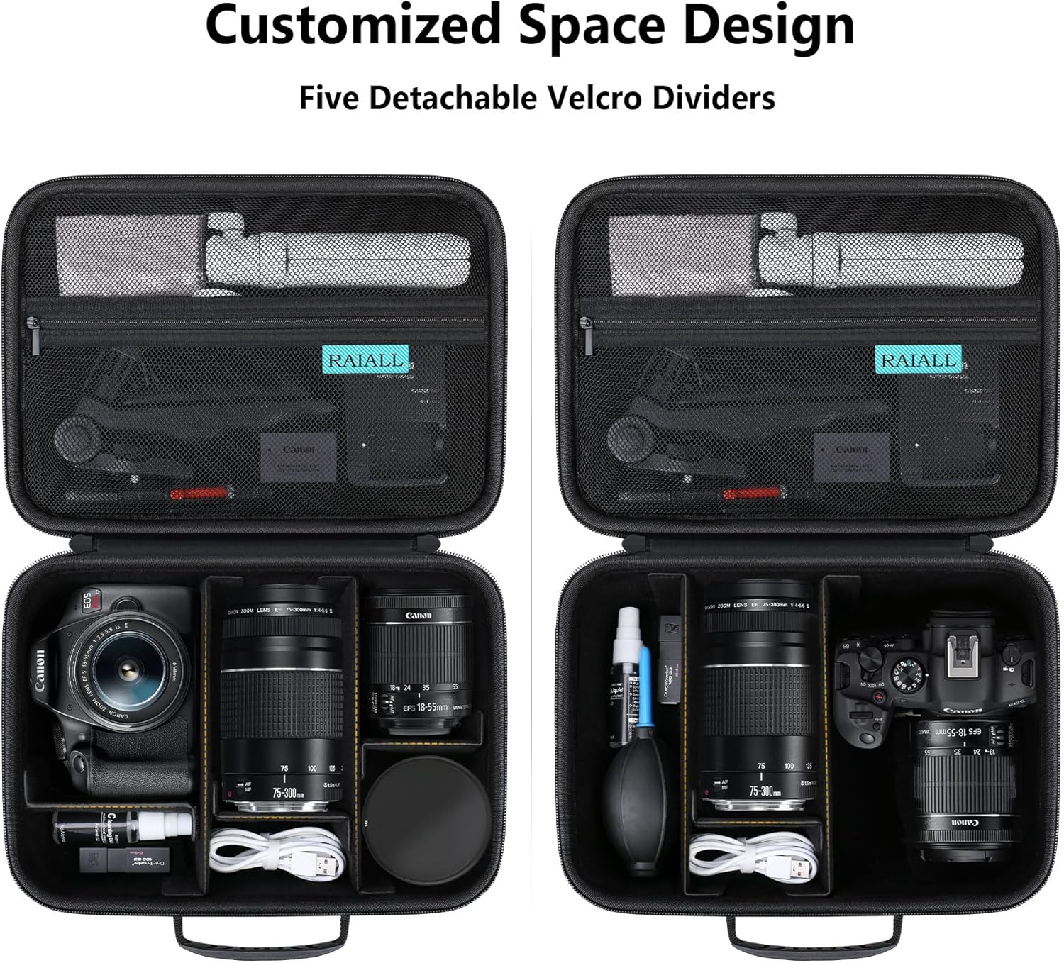 RAIALL Camera Case for Canon EOS Rebel T7/ R100/ R50V/ R50/ R5/ R6 Mark II/ R7/ R8/ 90D/ 5D Mark IV DSLR Camera, Lens, Tripod, Hard Protective Travel Bag with a Shoulder Strap and 5 Dividers, Black