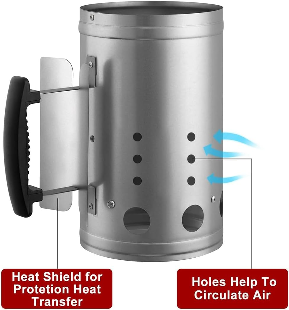 Charcoal Igniter with Safety Handle Chimney Starter for Charcoal Grills and Barbecues - Chimney Lighter Basket for Charcoal Grills - Briquette Starter Canisters for Barbecues - (Silver-A) image number 4