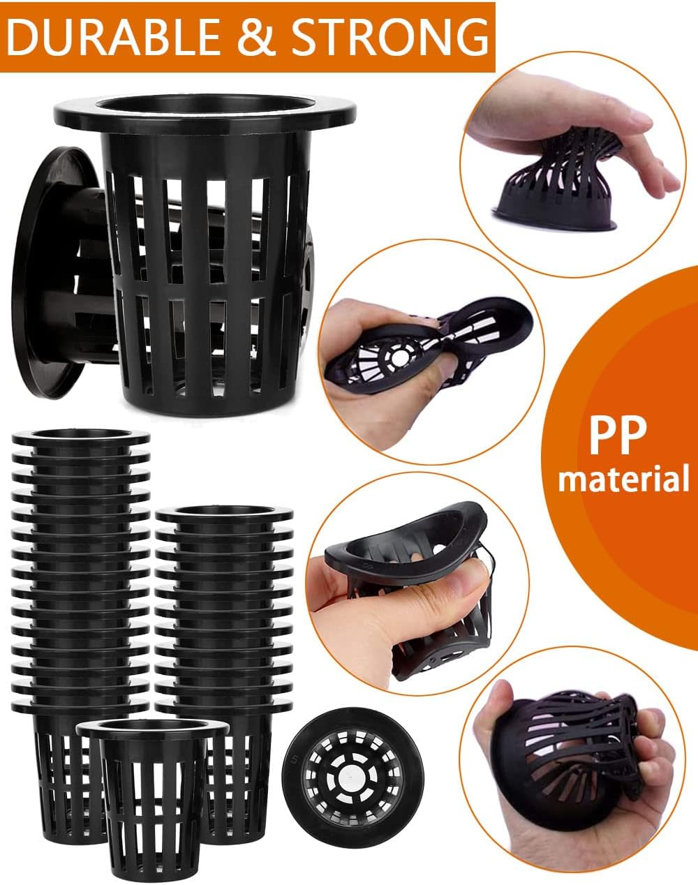 100 PCS 5CM Garden Slotted Mesh round Net Cups, 2 Inch Lightweight Economy Heavy Duty BPA Free Plastic Cups, Wide Lip Bucket Basket Pot for Hydroponics Aquaponics (Black) image number 3