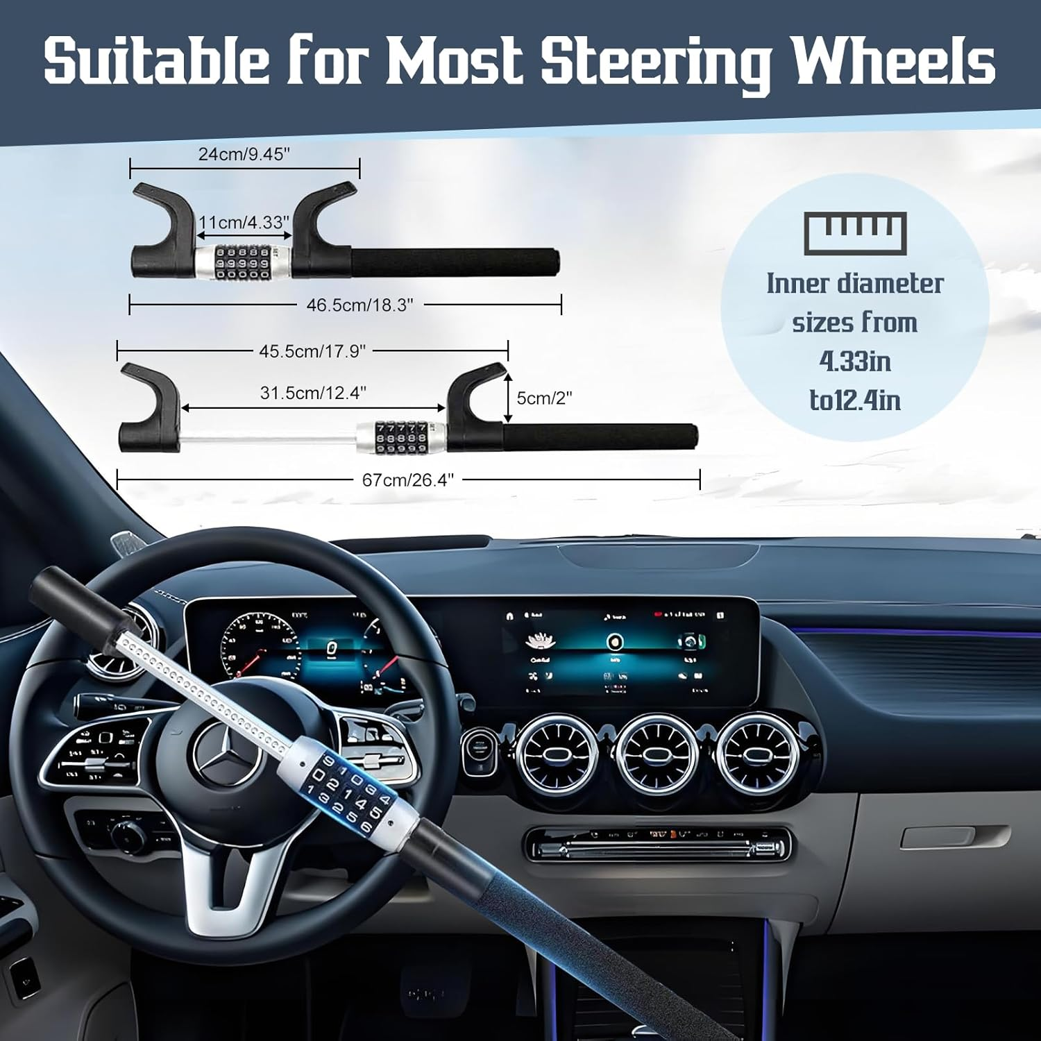 Steering Wheel Lock,Retractable Car Security anti Theft Lock,Heavy Duty Keyless Password Car Device Steering Wheel Lock with Double Hooks Design for Enhanced Vehicle SUV Vans Truck Protection image number 2