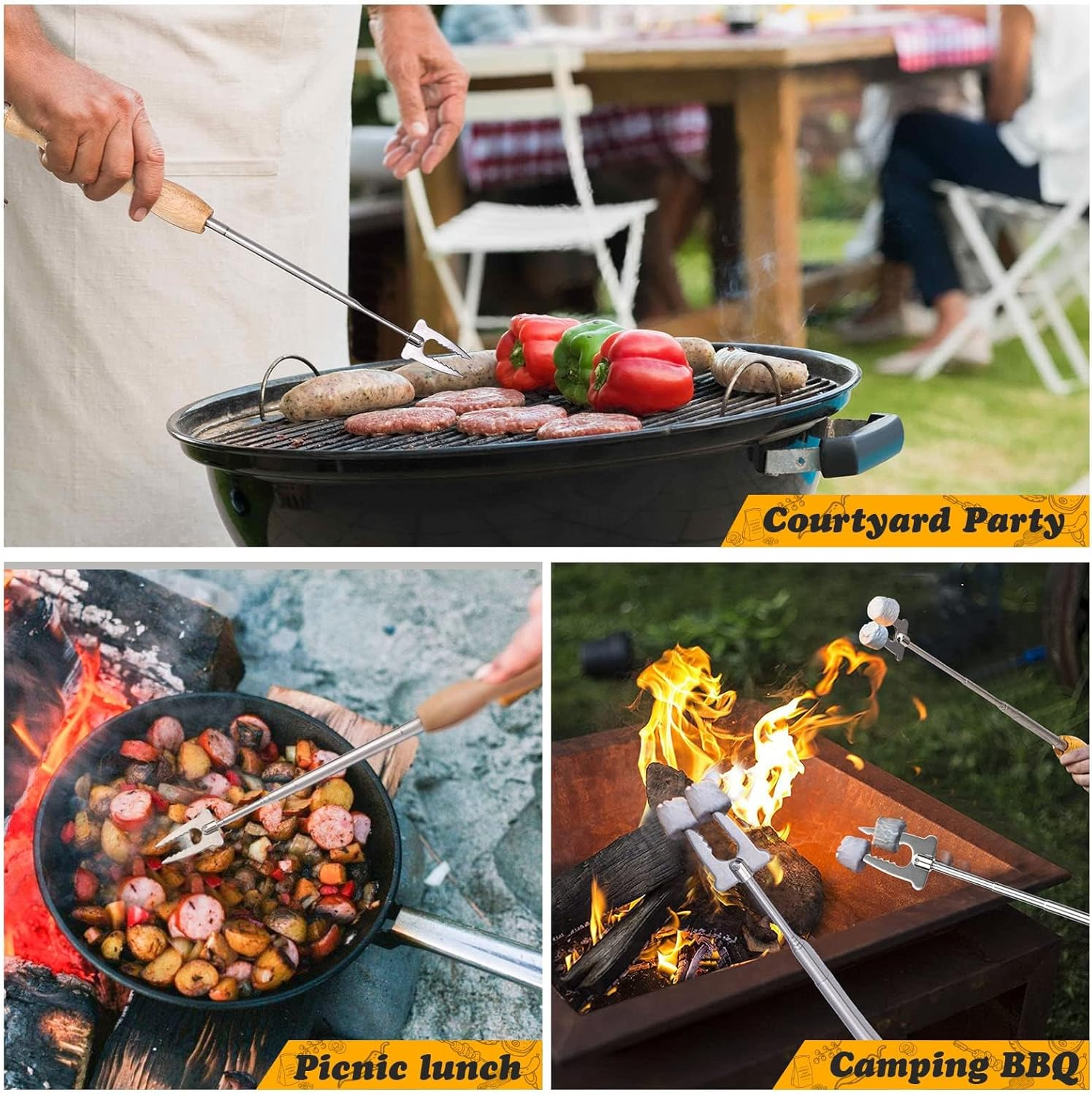 Barbecue Fork Extendible Stainless Steel Wooden Handle Long Campfire Telescopic Extendable Kebab Skewers Meat Fork for Grilling, Campfire and Camping(2 Pack) image number 2