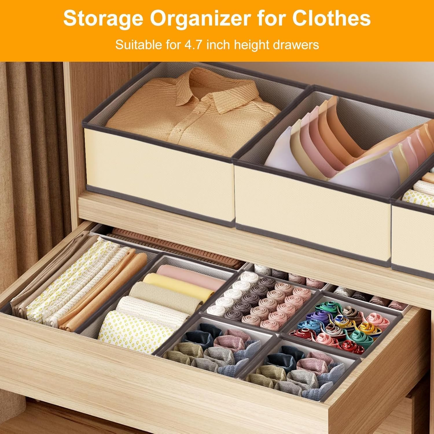 Doublecare 12 Pack Clothes Drawer Organizer, Foldable Drawer Organiser Clothes, Underwear Organiser for Clothes, Pants, Skirts, Socks, Underwears, Baby Clothing, Towel (Beige) image number 1