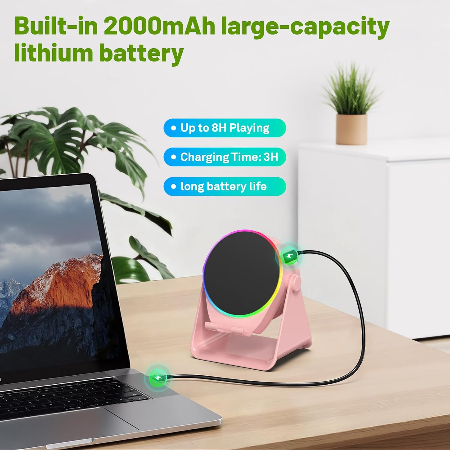 Wireless Induction Speaker, Cell Phone Stand with Bluetooth Speaker, Stereo Sound, RGB Ambient Light, Phone Holder Compatible with Iphone/Ipad/Android/Samsung Galaxy (Pink) - Black image number 4