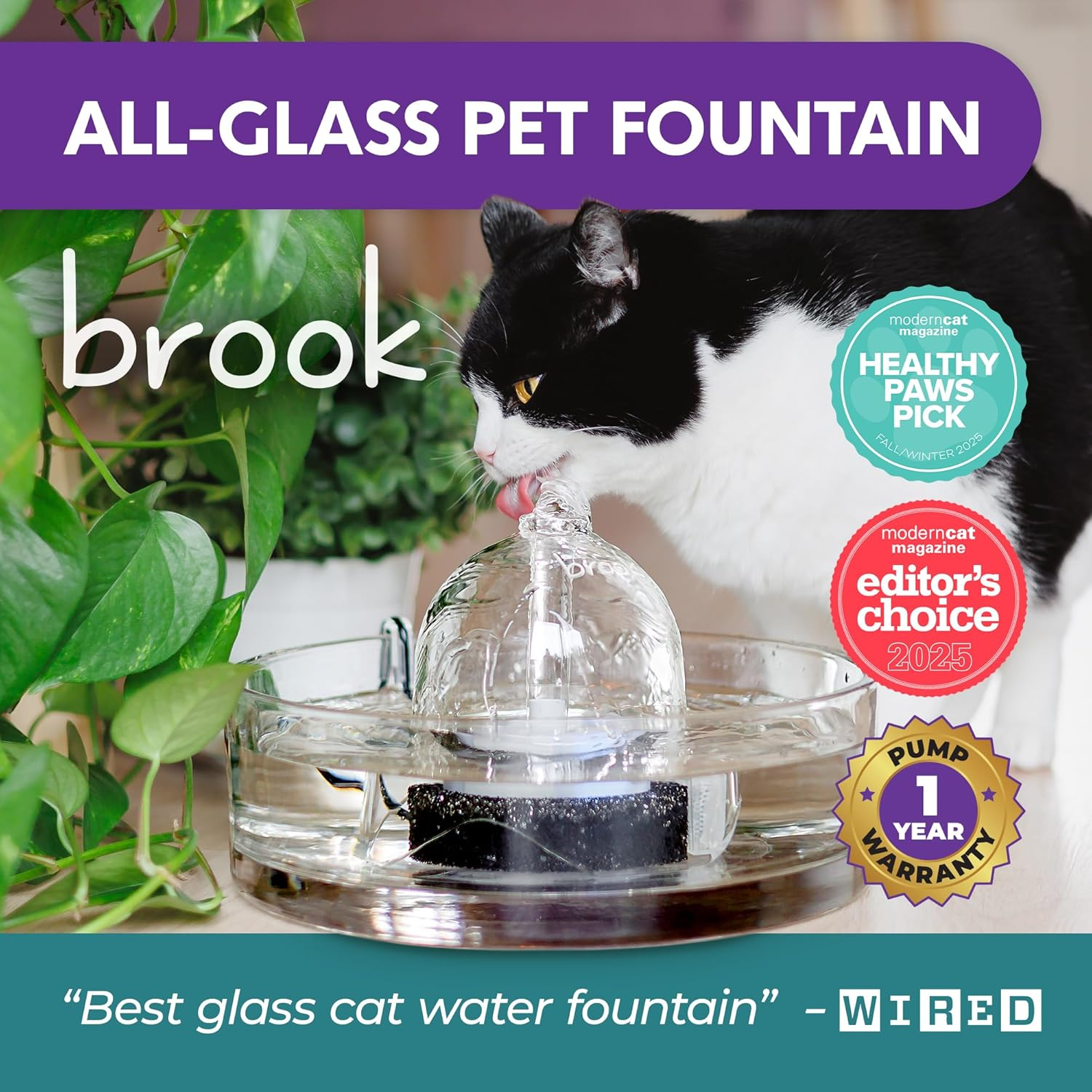 Brook Glass Pet Fountain (90Oz/2.7L) &ndash; Cat Water Fountain & Small Dog Drinking Fountain &ndash; Automatic Water Dispenser Cat Fountain image number 4