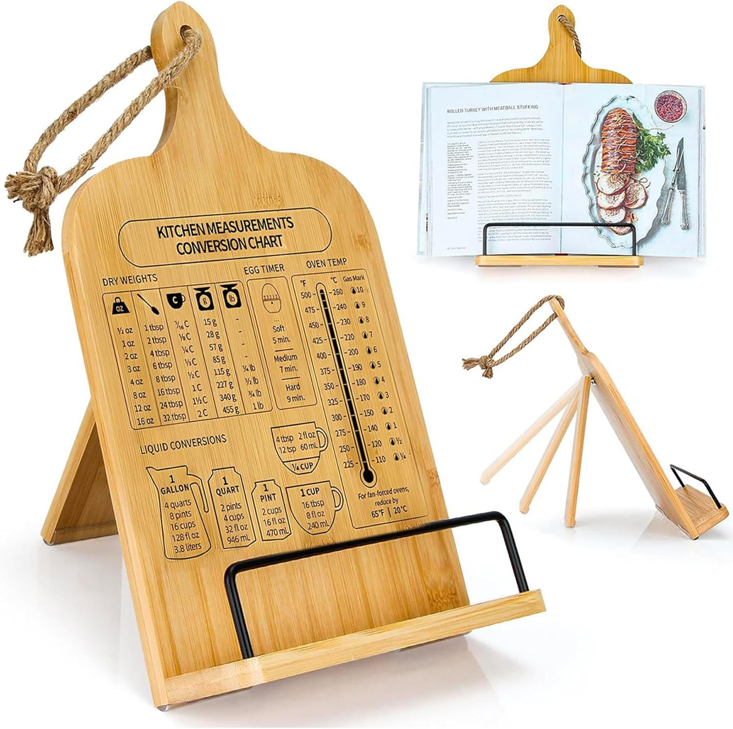 FORYUSE Cookbook Stand Wooden Recipe Book Holder with Measurement Conversion Chart Adjustable Rustic Cook Book Stand for Kitchen Counter image number 3