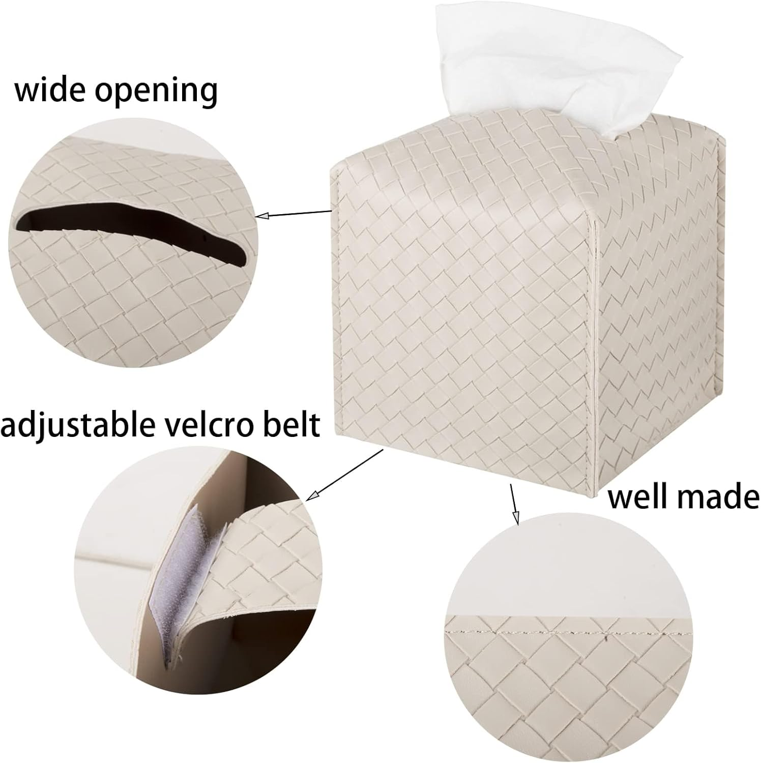 Tissue Box Cover PU Leather Tissue Holder Square Facial Tissue Case Facial Paper Organizer Dispenser for Bathroom, Vanity Countertop, Tabletop, Car, Griege (Beige) image number 1