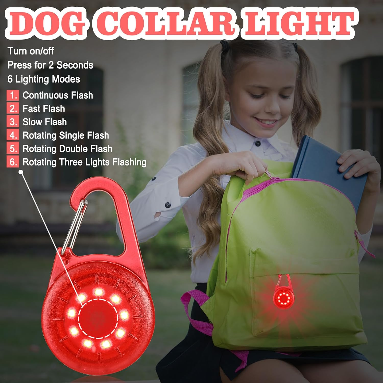 LED Dog Collar Lights IP68 Waterproof, USB Rechargeable Clip on with 6 Lighting Modes Safety Lights, Light up Lighted Dog Harness Light, Pets Safety Accessories Pendant for Night (2 Pack) (Red2) image number 2