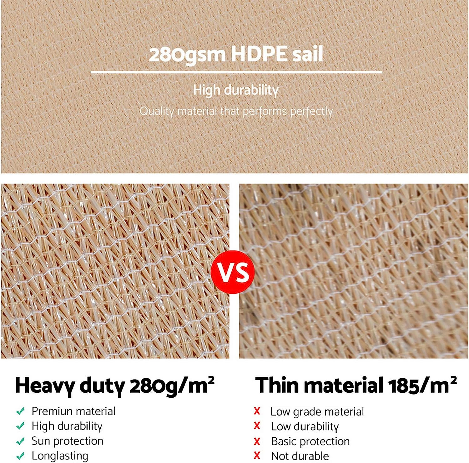 Instahut Shade Sail Square 5 X 5M Sunshade Cloth Shadecloth Sun Block Outdoor Marquee Canopy Shelter Cover for Beach Pool Patio Backyard Lawn Garden Carport Fence Greenhouse, Beige 98% UV Blockage image number 2