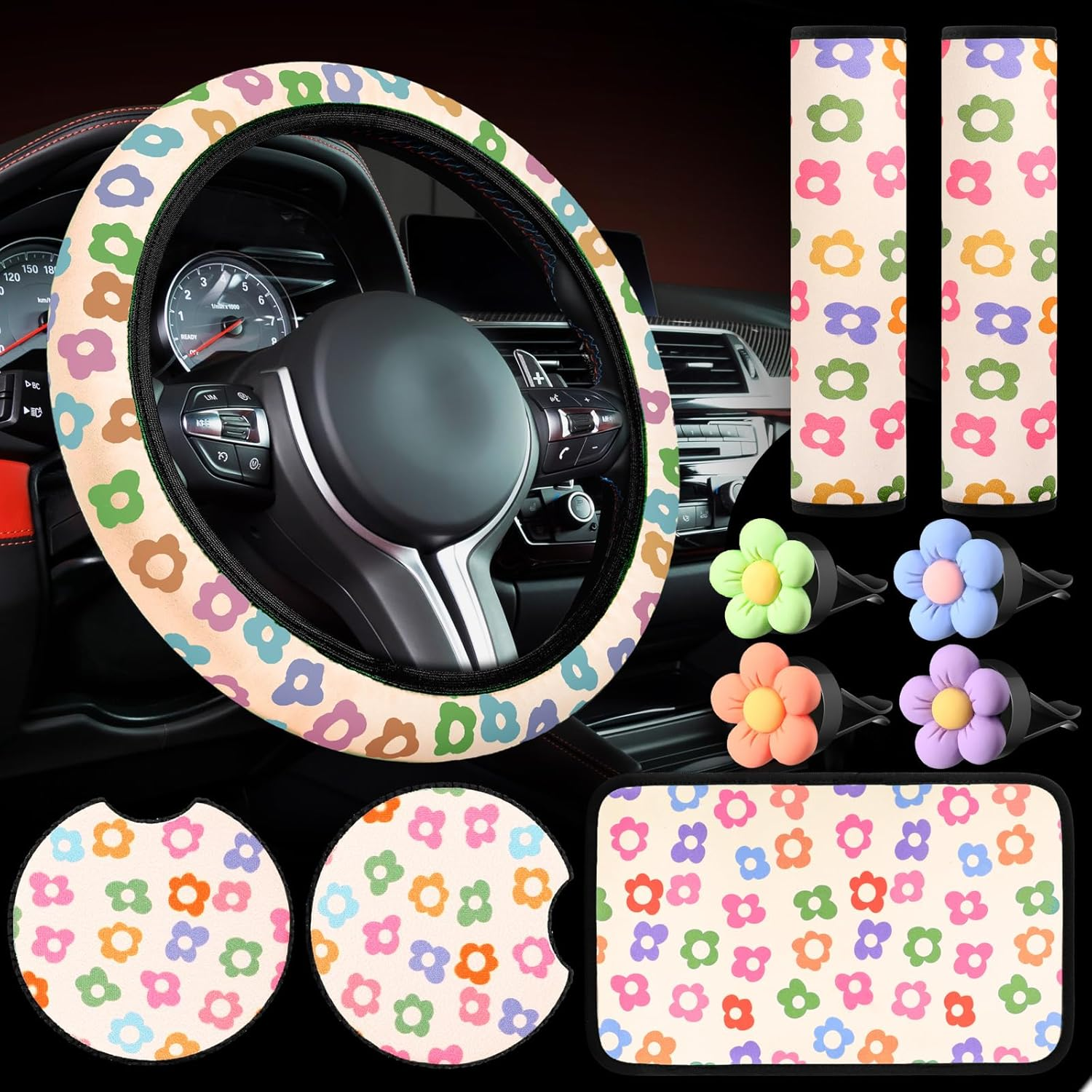 Frienda 10 Pcs Vintage Groovy Car Accessories Set - Floral Steering Wheel Cover, Air Vent Clips, Center Console Armrest Cushion, Car Cup Mats, Seat Belt Covers (Green, White)