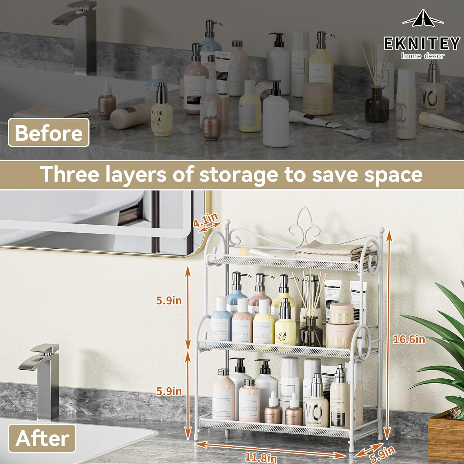 EKNITEY 3-Tier Bathroom Organizer - Sink Organizer Spice Rack for Countertop Storage, White (No Assembly) - Black image number 7