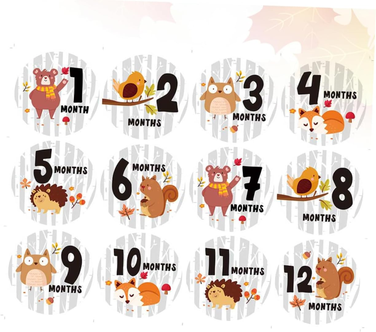12PCS Milestone Stickers Creative round Animal Design Self Adhesive Newborn Photography Props for Tracking Growth and Media image number 1