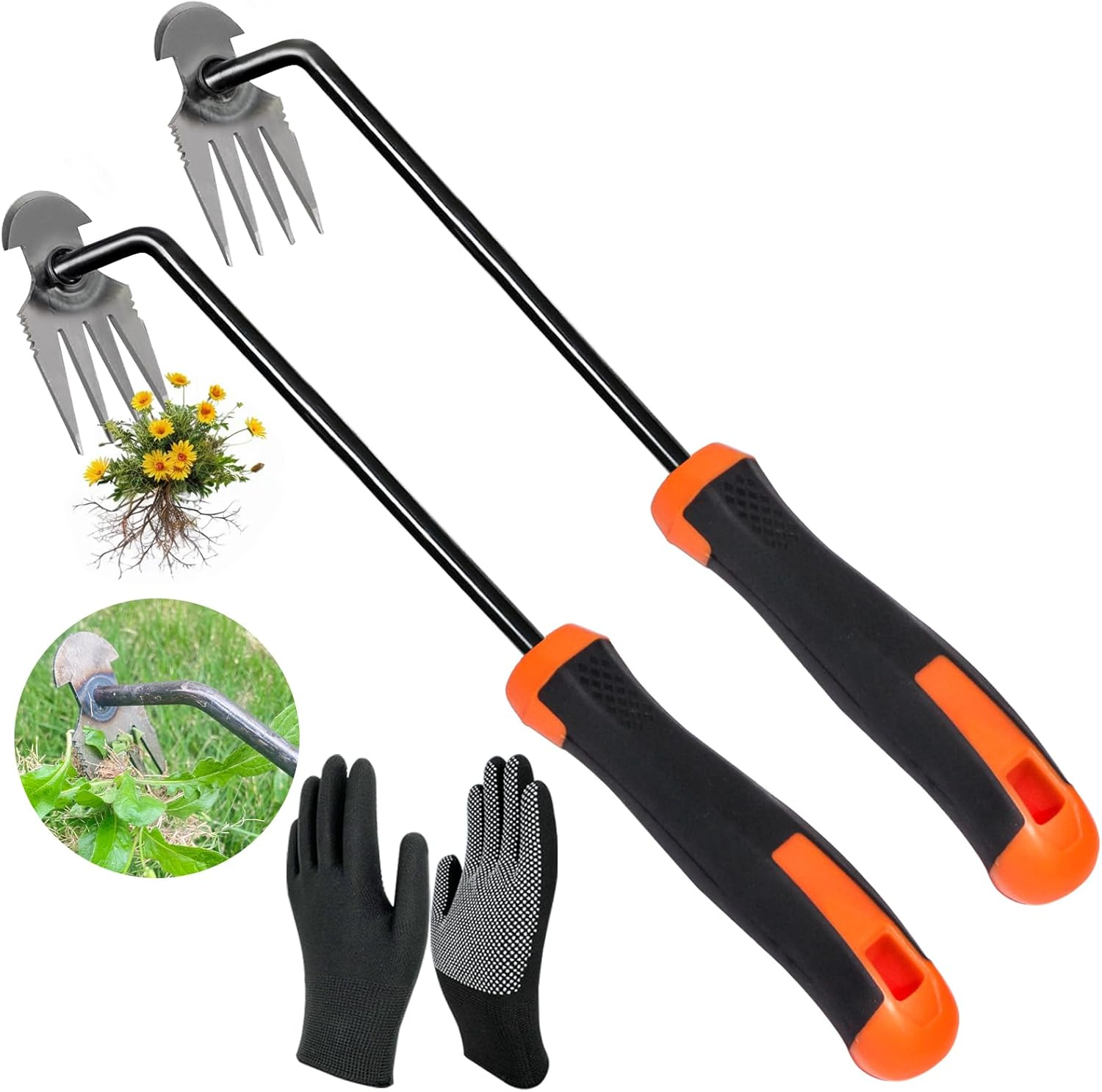 Weed Puller Tool-2Pcs, Upgrade Durable Garden Weeder Tools, Dual Purpose Manual Weed Removal Tool with Manganese Steel Teeth, Portable Uprooting Weeding Tool for Vegetable Gardens Backyards