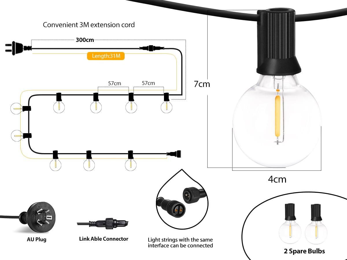 Roshin 31M Festoon Lights Outdoor 50+2 with 3M Extension Cord - Outdoor String Lights Waterproof and Shatterproof Fairy Light for Christmas, Garden, Party, Camping, Backyard, Patio (G40) image number 5