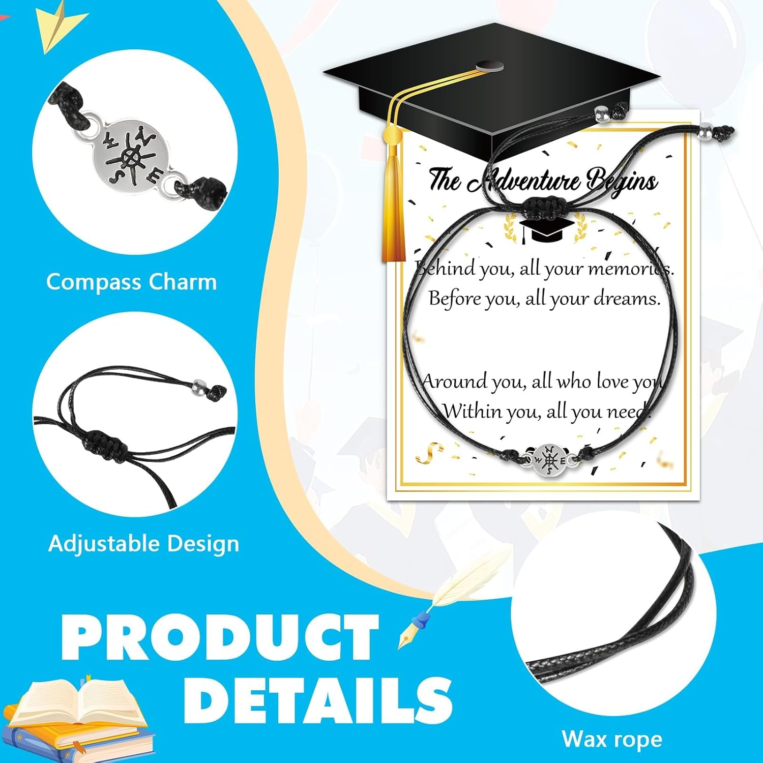 Hapurs 30 Pack Graduation for Her Him 2025, School Leavers Gifts 2025 for Students, Adjustable Woven Compass Bracelet Cards Graduation Party Favours, Nursery Preschool Prom Gift Bulk End of Year image number 2
