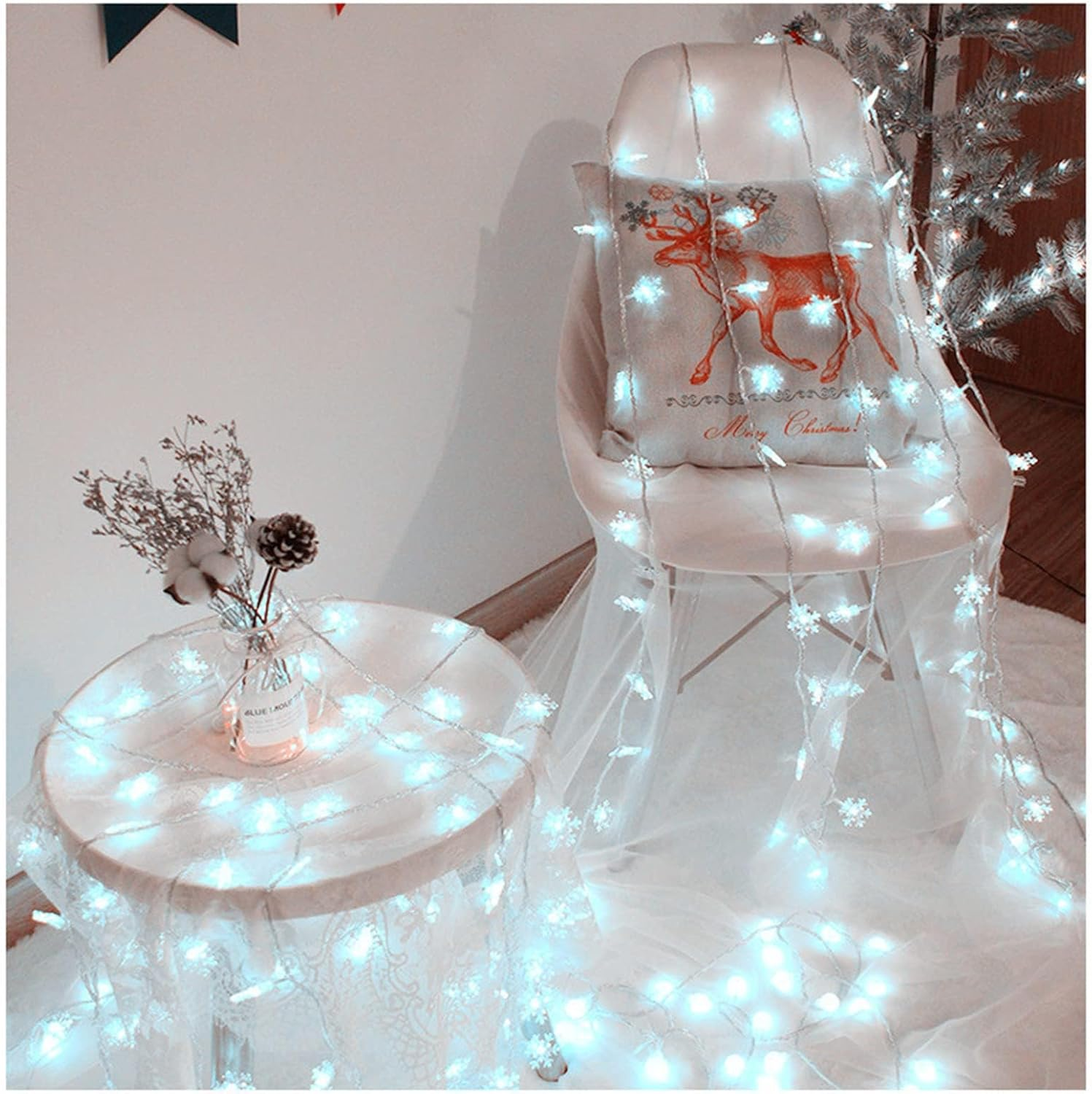 Kvadouly Christmas Lights, 33 Ft 80 LED Snowflake String Lights &ndash; Battery Operated Waterproof Fairy Lights for Indoor Outdoor Christmas Decorations, Bedroom Patio Garden Party Decor, Cool White image number 5