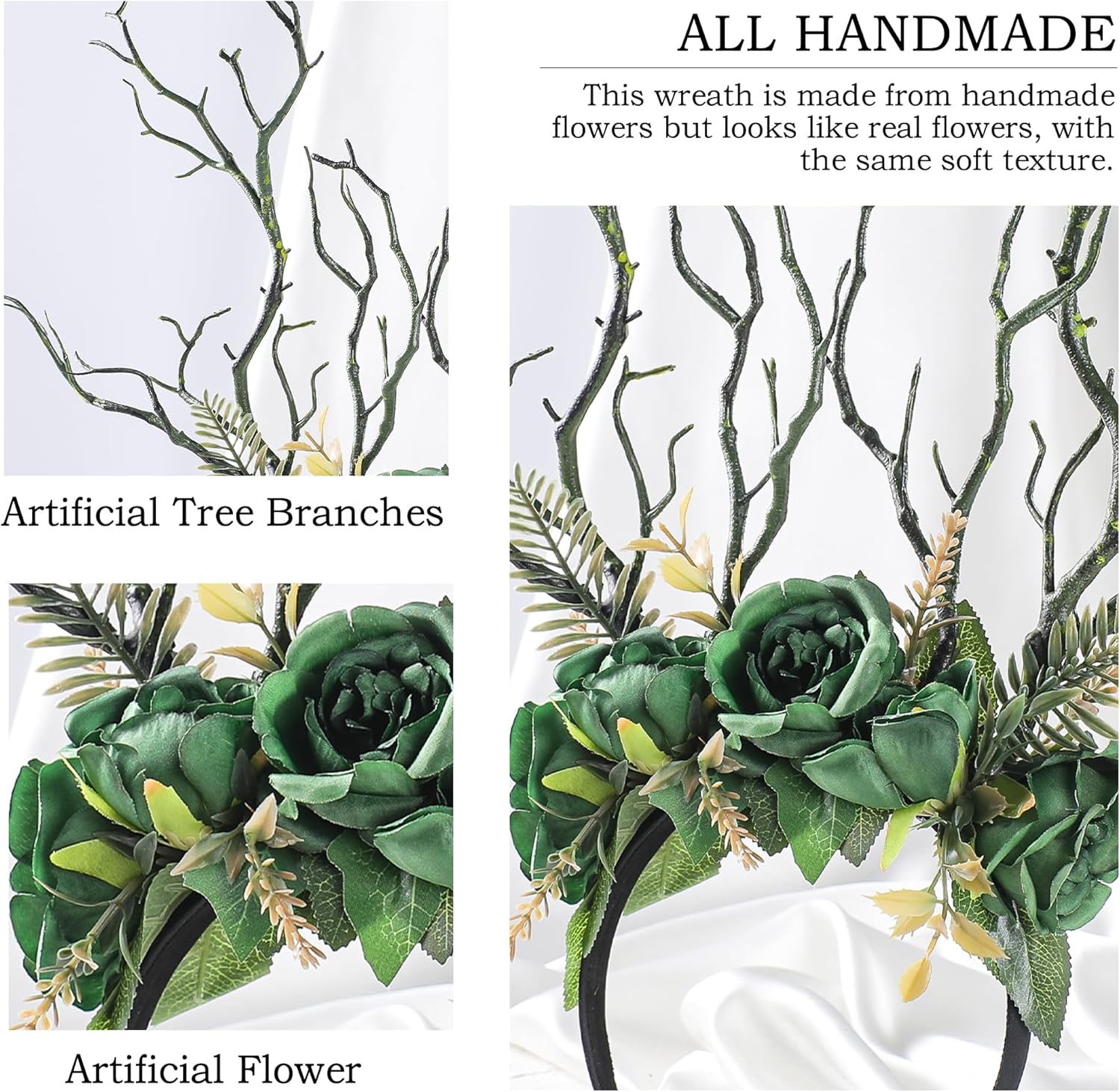 MOSTORY Fairy Forest Branch Headband Floral Forest Headband with Brown Antler Headwear for Renaissance Accessories Women Witch Outfit Renfaire Halloween Cosplay Fantasy Photo Shoot