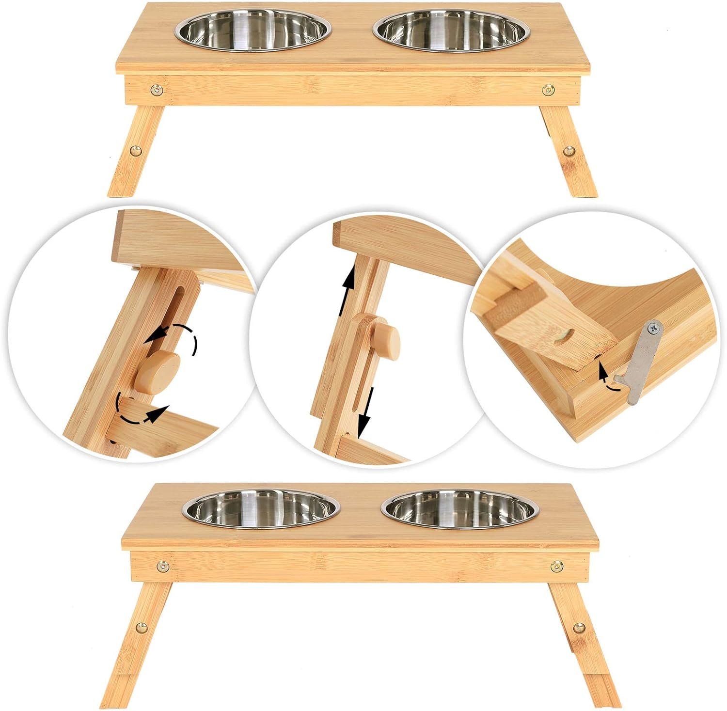 Lionto Dog Bowl Height Adjustable Feeding Station Feeding Bar Raised Bowl Rack for Pets Made of Bamboo image number 2