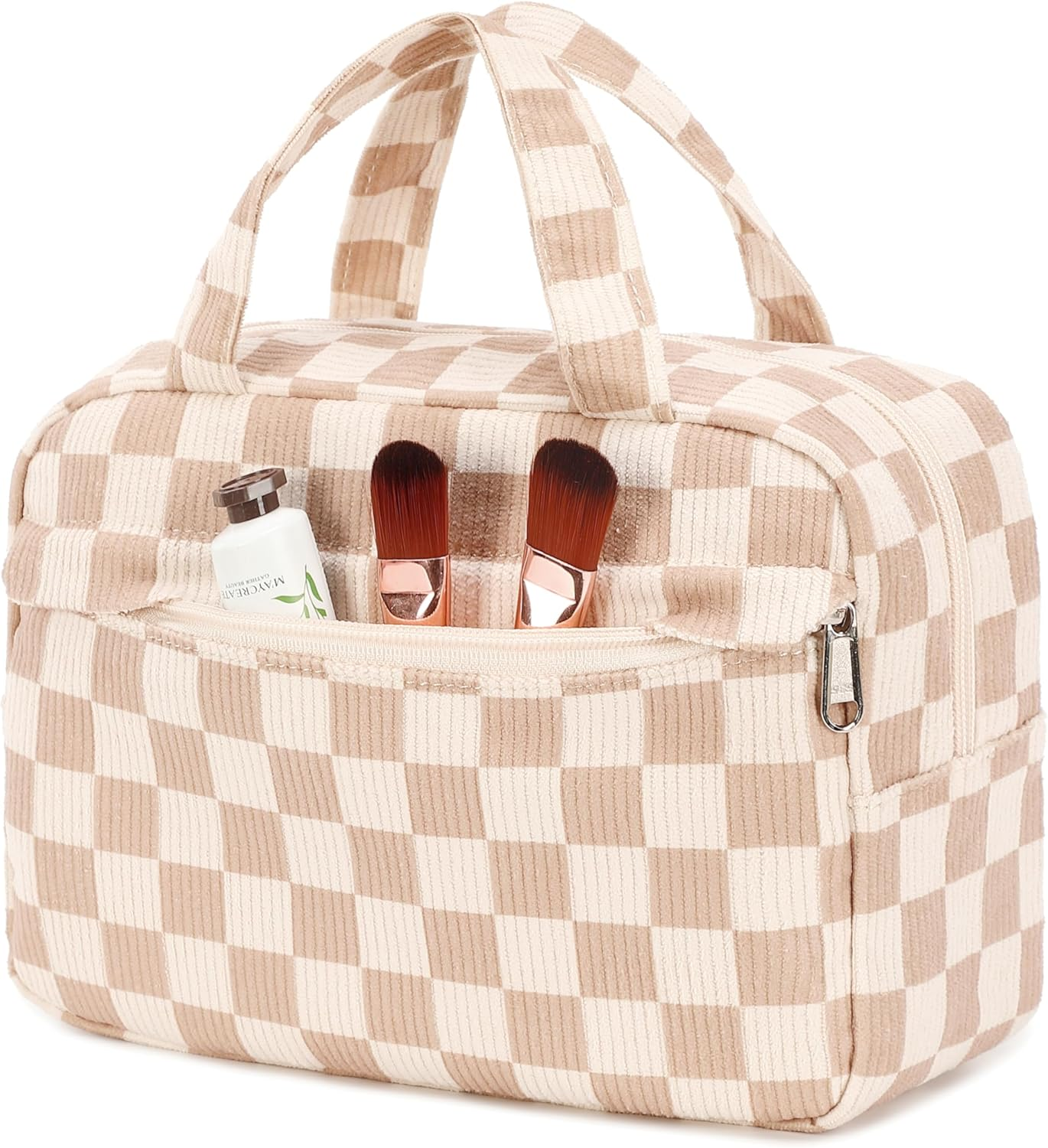 LEDAOU Cosmetic Bag with Inner Compartments, Carry Handle, Water-Repellent Makeup Bag, Corduroy Toiletry Bag, Unisex, Brown-White Grid, Modern