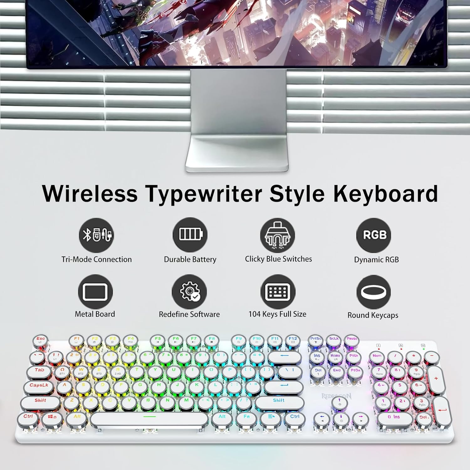 Redragon K710 Wireless Typewriter Style Mechanical Gaming Keyboard, Bluetooth/2.4Ghz/Wired, RGB Backlit, Rechargeable, Blue Switch - Clicky, Metal Panel, round Keycaps, White image number 2