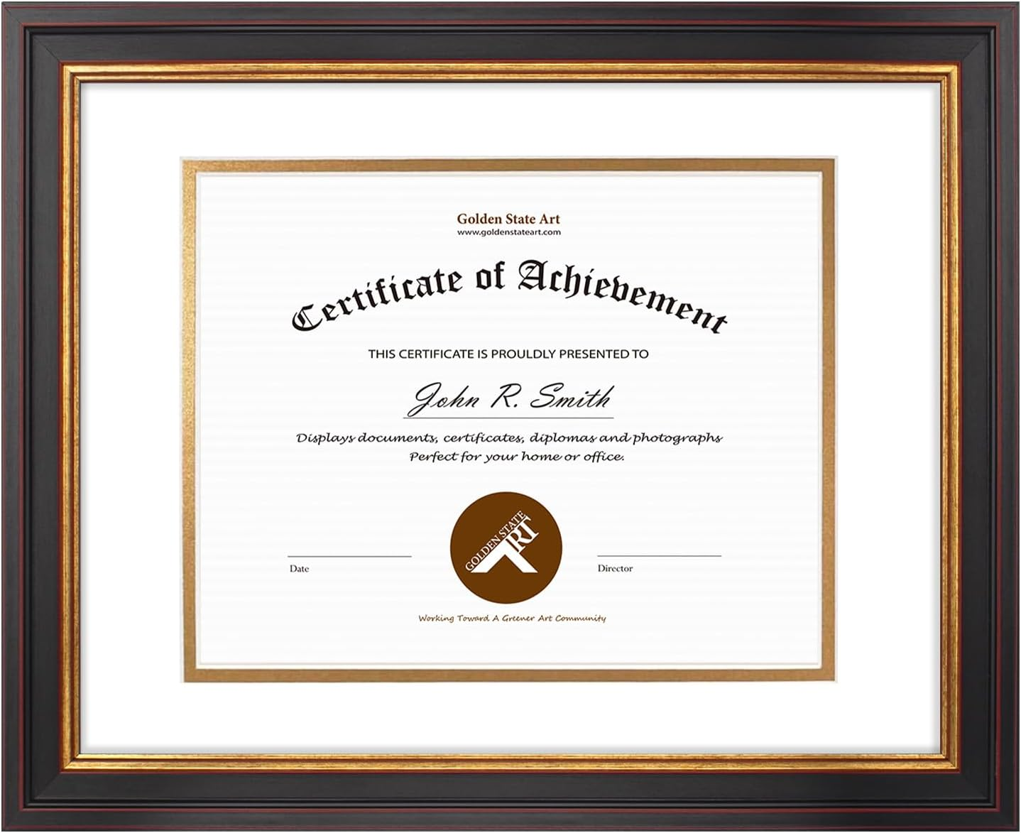 Golden State Art, 11X14 Black Gold & Burgundy Color Document Frame for 8X10 Diploma/Certificate/Picture, Includes Double Mat and Real Glass (Black over Gold Double Mat, 1-Pack)