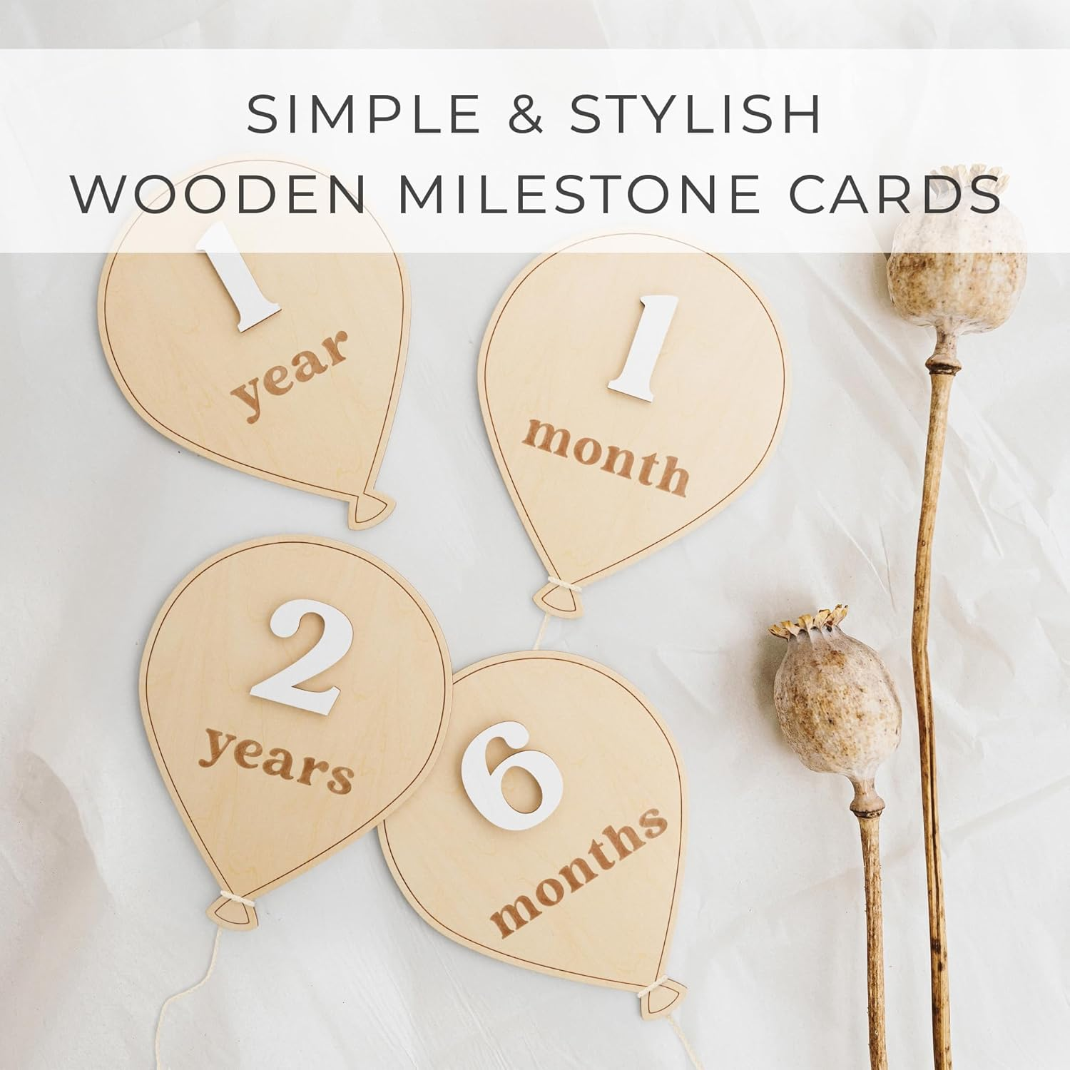 Beautiful Baby Monthly Milestone Cards - the Perfect Wooden Discs for Adorable Milestone Pictures of Your Newborn - 2X Reversible Balloon Signs with Interchangeable Numbers Make a Great Shower Gift image number 4