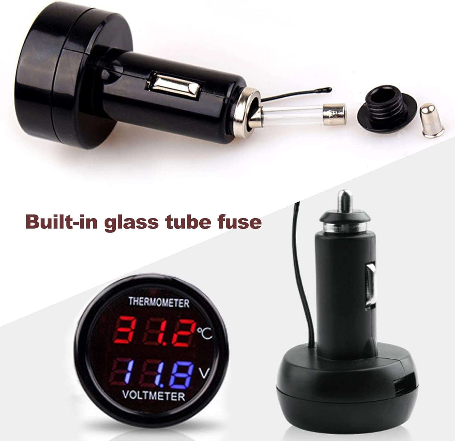 Car Truck Bus Voltmeter & Thermometer Display 2 in 1, 12V 24V Battery Voltage Temperature Meter Monitor Tester Gauge Indicator image number 2