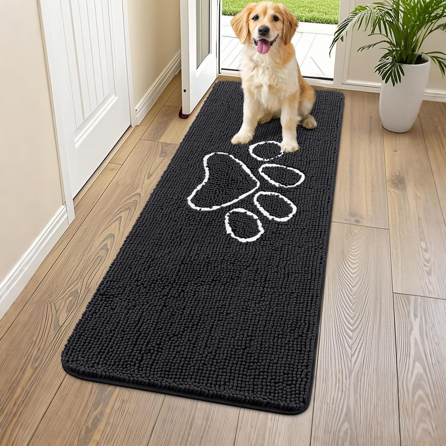 Smiry Dog Door Mat for Muddy Paws, Absorbent Dirt Trapper Non Slip Quick Dry Washable Chenille Mat for Mud Dogs, Entry Rug for Indoor and Outdoor (24X16 Inches, Grey)