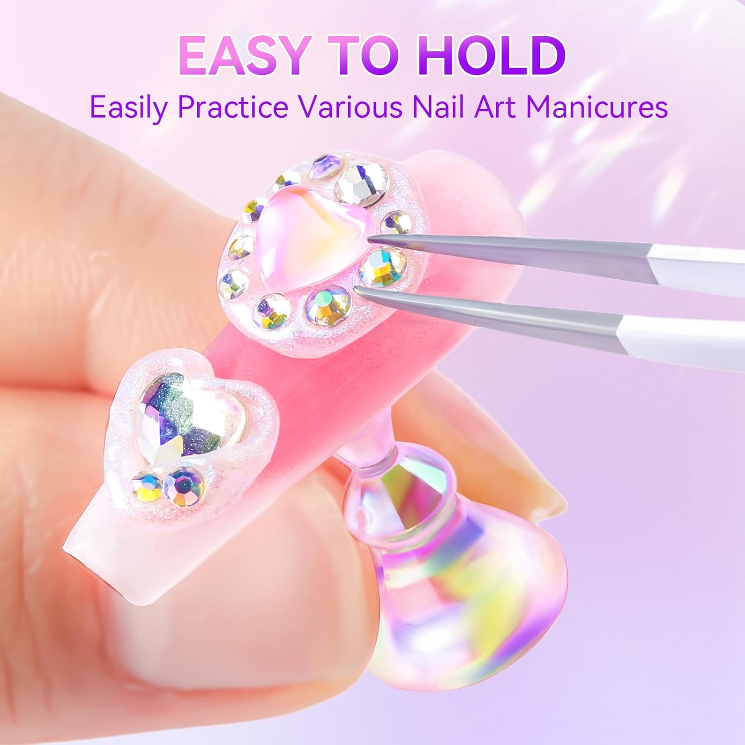 Makartt False Nail Stand: Transparent and Pink Nail Art Display Stand for Nail Art Displays Transparent Magnetic Nail Art Holder with Glitter and Reusable Adhesive Putty for Salon image number 4