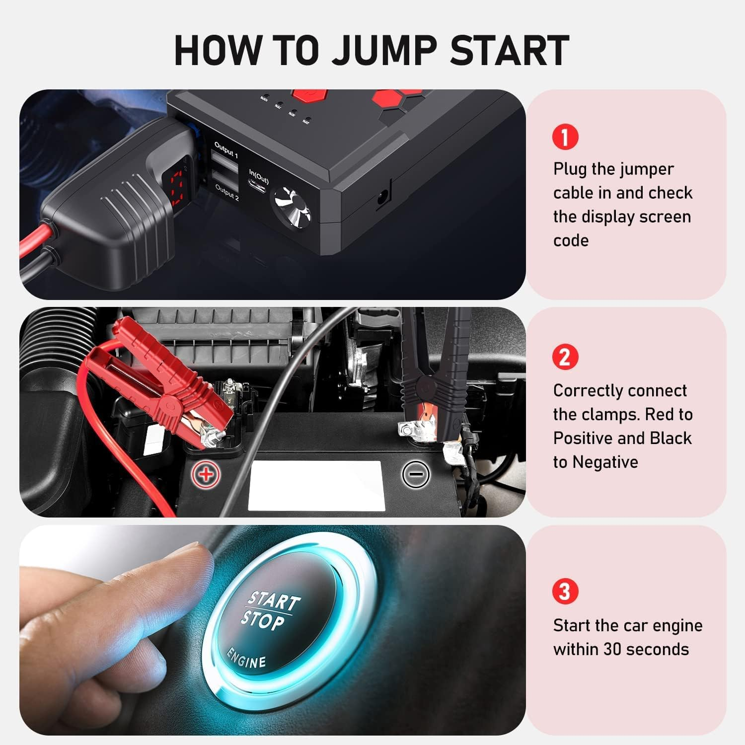 3000A Car Jump Starter &ndash; Fast Charging Portable Battery Booster Pack with Supersafe Technology - 20000Mah Power Bank with Jumper Cables for 8L Diesel and 10L Gas Engines image number 3