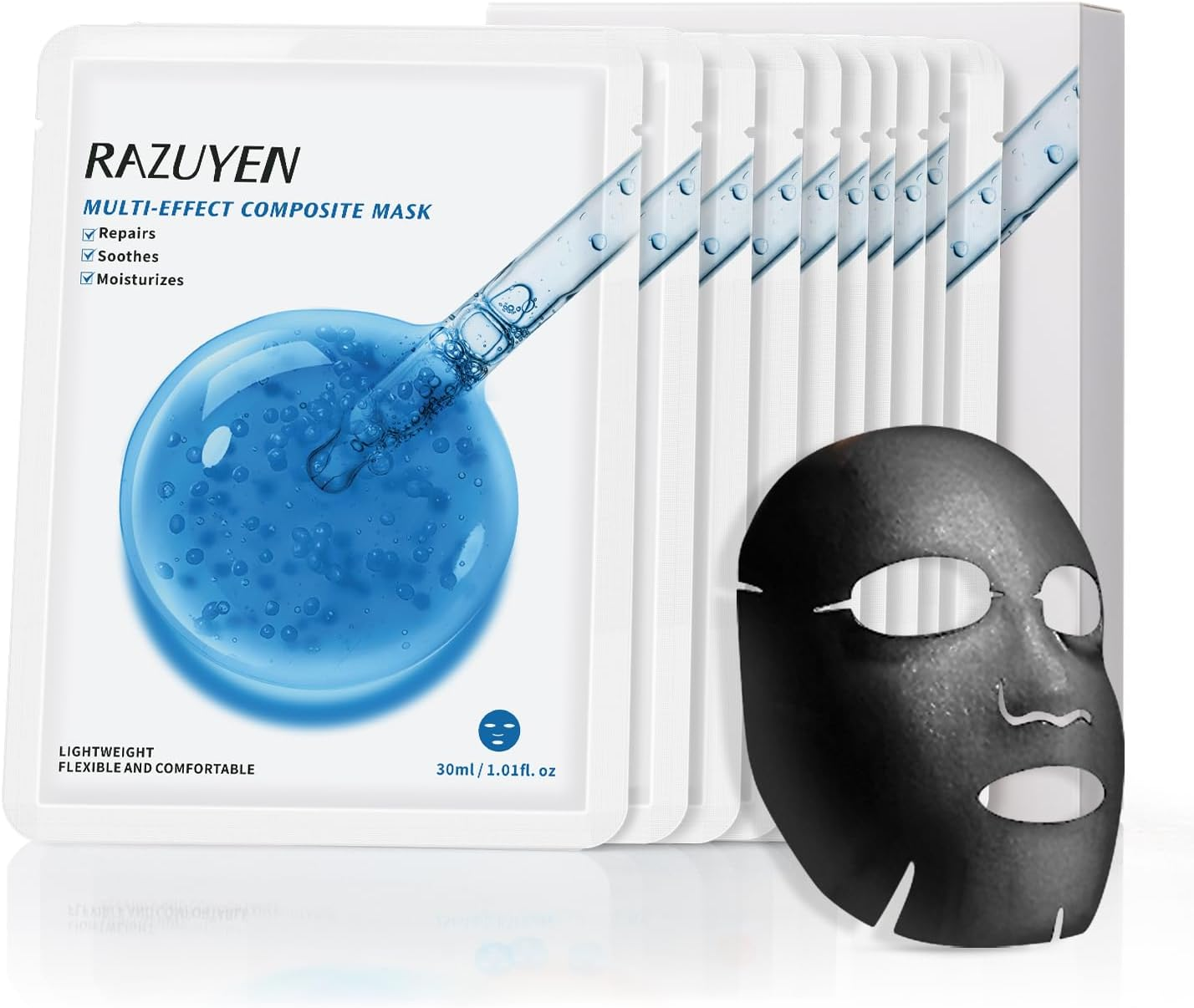 RAZUYEN Firming and Moisturizing Sheet Face Masks with Hyaluronic Acid and Peptides, Reduce Fine Lines and Wrinkles, Hydrating & Anti-Aging Spa Face Mask, Facial Skin Care (Pack of 10)